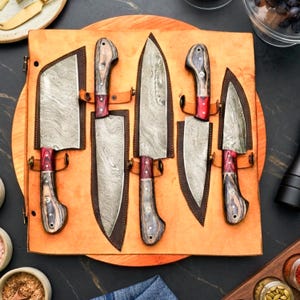 Hand Forged Damascus Steel Chef Knife Set, Kitchen Knives Chef Knives Set, Handmade 5 Pcs Luxury Damascus Knife Gift for him, Gifts for her