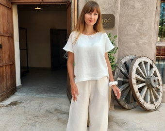 Cotton Muslin Set Women, Two Piece Outfit, Gauze Top and Pants, Loose Fit Loungewear, Minimalist Summer Set, Boho Resort Wear