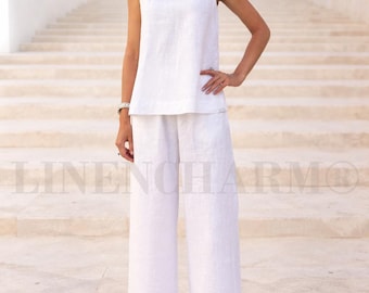 Handgefertigtes Leinen Zweiteiler Set, Hose mit weitem Bein, Lockeres Sommer Outfit