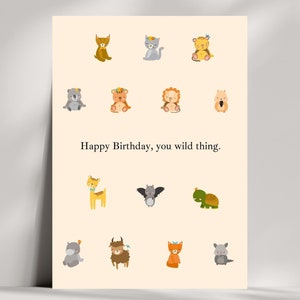 Cute Animal Birthday Card, Funny Wild Thing Birthday Card, Animal Grid Birthday Card