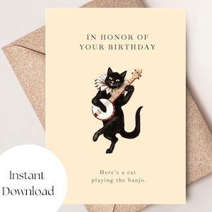 Carte d'anniversaire imprimable drôle de chat, carte d'anniversaire de chat jouant le banjo, carte d'anniversaire sur le thème de chat