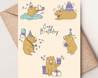Capybara Birthday Card, Animal Celebration Greeting Card
