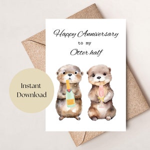 Cartão de aniversário engraçado para imprimir, cartão de meio aniversário de lontra fofa, cartão de aniversário de lontras e champanhe