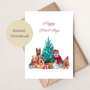Biglietto di Natale stampabile Happy Howl-idays Punny, biglietto di Natale a tema cane, biglietto di buone feste