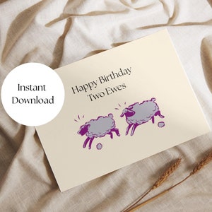 Printable Punny Birthday Card, Happy Birthday Two Ewes, Funny Sheep Birthday Card for Him/Her