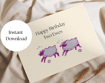 Biglietto di auguri di compleanno stampabile con giochi di parole, Buon compleanno due pecore, divertente biglietto di auguri di compleanno con pecore per lui/lei