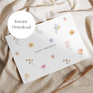 Printable Loose Floral Birthday Card, Watercolor Flowers Birthday Card, Minimalist Birthday Card