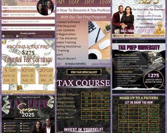 Puede incluir: Un folleto colorido que anuncia un curso de preparación de impuestos. El folleto presenta una foto de una mujer y un hombre, y el texto "Conviértete en un profesional de impuestos" e "Invierte $275".