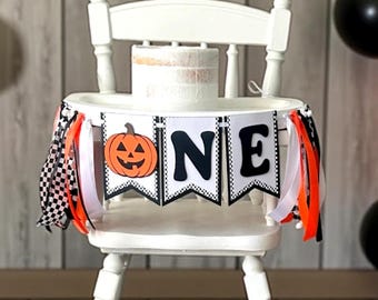 One Spooky Dude High Chair Banner, Pumpkin First Birthday Party Decoration, Two Spooky