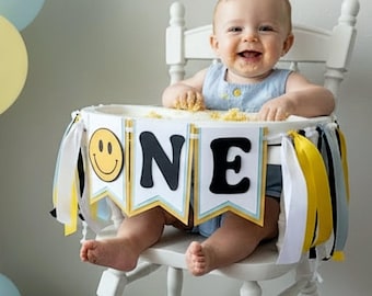 Happy Face Party High Chair Banner, Yellow and Blue Cool Dude Birthday Decor
