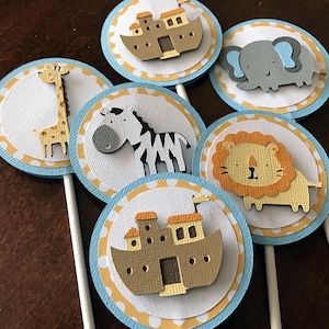 Noahs Ark Party Cupcake Toppers, Noah's Ark Baby Shower Decoration, Two By Two, Boy Baptism Cupcake Picks, Set of 12