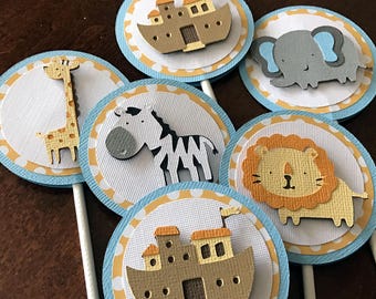 Noahs Ark Party Cupcake Toppers, Noah's Ark Baby Shower Decoration, Two By Two, Boy Baptism Cupcake Picks, Set of 12