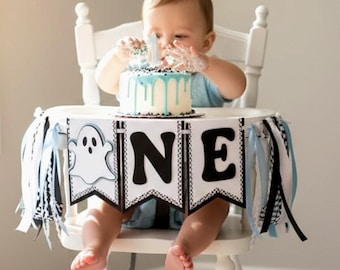 One Spooky Dude Party High Chair Banner, Ghost 1st Birthday Decoration