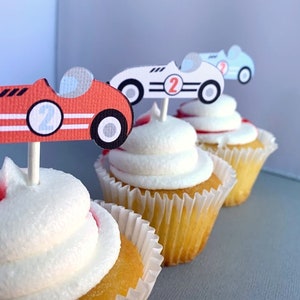 Race Car Cupcake Toppers, Two Fast Birthday Party Decoration, Fast One Cupcake Picks, Vintage Racing 2nd Birthday, Set of 12 image 2