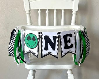 One Lucky Dude High Chair Banner, St Patrick's Day First Birthday Party, Shamrock Eyes Retro Skater Rad Rocker Photo Shoot Prop