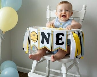 Happy Face Party High Chair Banner, Yellow and Blue Cool Dude Birthday Decor