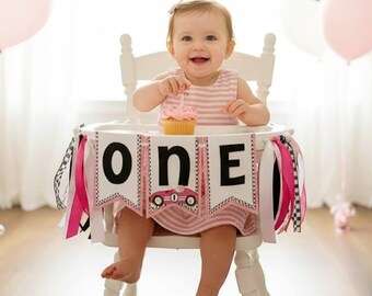 Pink Race Car Birthday Party High Chair Banner