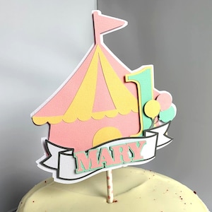 Décoration de gâteau d&#39;anniversaire cirque, décoration personnalisée de fête de carnaval, décoration de gâteau fracassée tente de cirque rose
