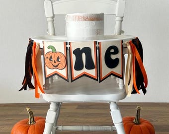 Halloween 1st Birthday High Chair Banner, Retro Pumpkin Decoration, Spooky One Party Sign, Boo Day