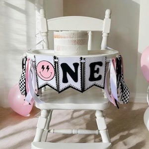 One Happy Girl High Chair Banner, One Cool Babe Party Decoration, Pink Smile Face Birthday Sign, 1st Birthday Photo Prop, Retro Skater Rad