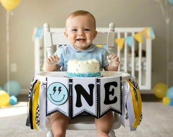 One Happy Dude Party High Chair Banner, Blue and Yellow Smile Face Birthday Decoration