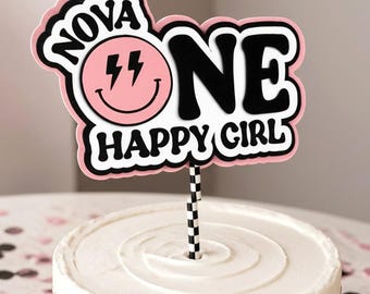 One Happy Girl Cake Topper, Pink Smile Face Birthday Party Decoration