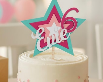 Pink and Teal American Star Party Cake Topper, Girl Doll Birthday