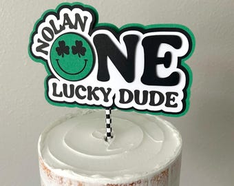 One Lucky Dude Cake Topper, St. Patrick's Day First Birthday Party Decoration, Green Smile Face Shamrock Eyes Cake Smash