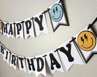 Blue and Yellow One Happy Dude Birthday Banner, Smile Face Party Sign, Two Cool Decoration