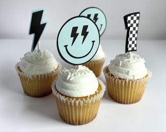 One Happy Dude Cupcake Toppers, Two Cool Birthday, Blue Smile Face Party Decoration, Set of 12
