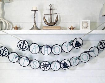 Nautical Baby Shower Banner, Ahoy It's A Boy, Sea You Soon, Navy Blue Anchor, Sailboat