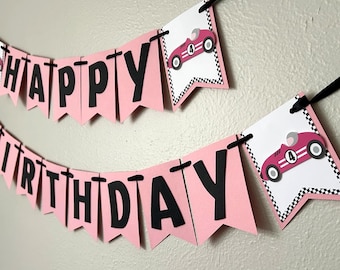 Feestbanner racewagen, roze twee snelle verjaardagsdecoratie, bord meisje snel één feest, vier snelheden nodig