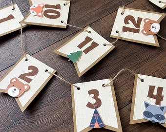 Woodland 1st Birthday Photo Banner, Forest Animal Milestone Garland