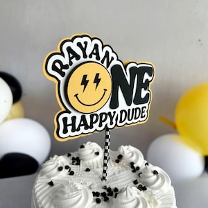 One Happy Dude Cake Topper, Smile Face Birthday Decoration, Two Cool Party, Yellow Happy Face Lightning Eyes, Retro Skater Rad Rocker