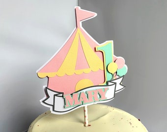 Circus Birthday Cake Topper, Personalized Carnival Party Decoration, Pink Circus Tent Smash Cake Topper