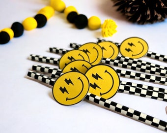 One Happy Dude Straws, Smile Face Birthday Party Decoration, Two Cool Party Straws, Yellow Happy Face Checker Skater Shower Favor, Set of 10