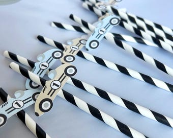 Race Car Party Straws, Blue and Beige Fast One Birthday, Set of 10