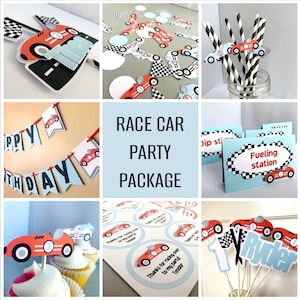 Race Car Party Package, Two Fast Birthday Decorations, Fast One Party Decor, Personalized Retro Race Car Cake Topper, Party Banner