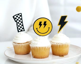 One Happy Dude Cupcake Toppers, Yellow Smile Face Birthday Party, Set of 12