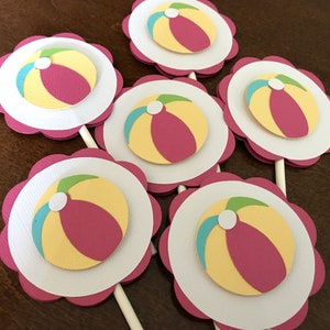 Beach Ball Cupcake Toppers, Pool Birthday Party Decoration, Beachball Shower, Set of 12