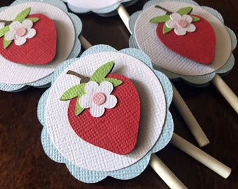 Strawberry Cupcake Toppers, Berry Sweet Shower Decoration, Strawberry Birthday Party, Set of 12