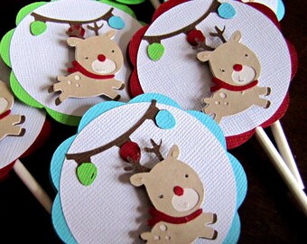 Reindeer Cupcake Toppers, Christmas Birthday Party Decoration, Rudolph Cupcake Picks, Set of 12