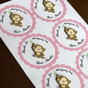 Personalized Girl Monkey Birthday Party Thank You Stickers, Jungle Favor Labels, Set of 12