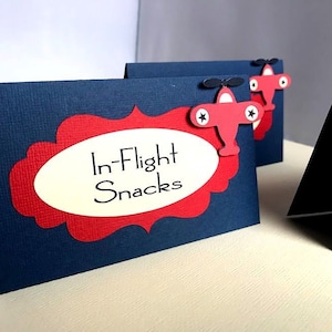 Lot de 10 cartes de voyage avec nourriture pour fête avion, marque-place biplan vintage, décoration de baby shower avion vintage, lot de 10