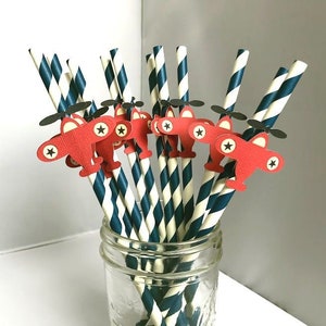 Airplane Party Straws, Vintage Biplane Baby Shower Decoration, Airplane 1st Birthday Straws, Set of 10