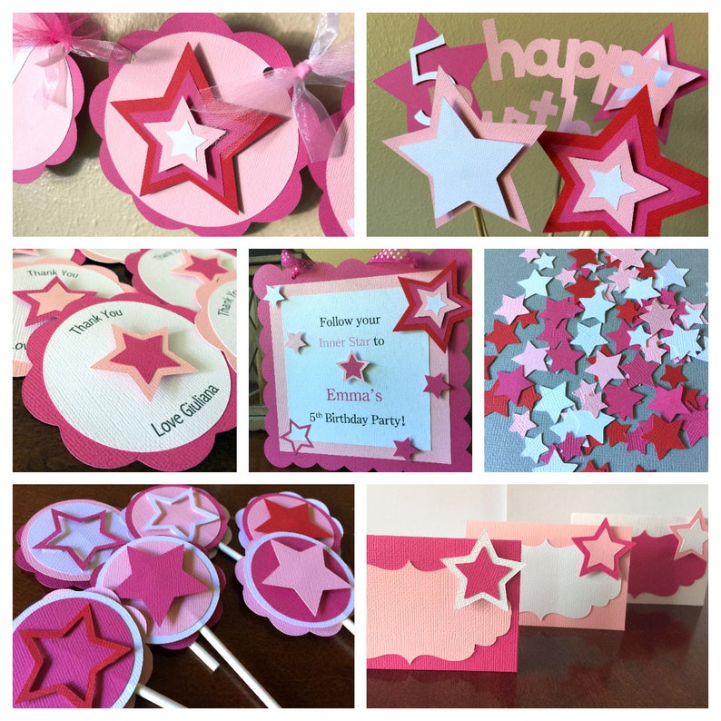 May include: Pink and white star-shaped decorations for a 5th birthday party. The decorations include a banner, cupcake toppers, table scatters, and place cards. The text on the banner reads "Follow your Inner Star to Emma's 5th Birthday Party!"