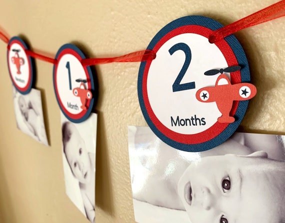 Airplane 1st Birthday Party Photo Banner, Vintage Biplane 12 Month Picture Banner, Time Flies Photo Banner Il_570xn