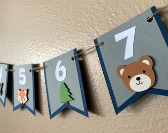 Woodland First Birthday Photo Banner, Forest Animal Party Milestone Garland