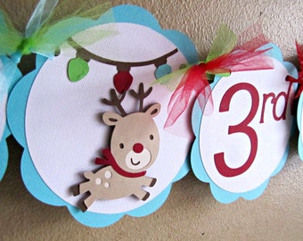 Reindeer Banner, Rudolph Party Decoration, Christmas Birthday Banner