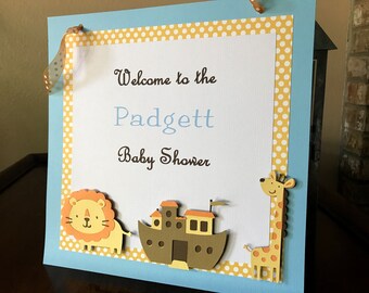 Cartello per la porta a tema Arca di Noè, ideale per baby shower e compleanni.
